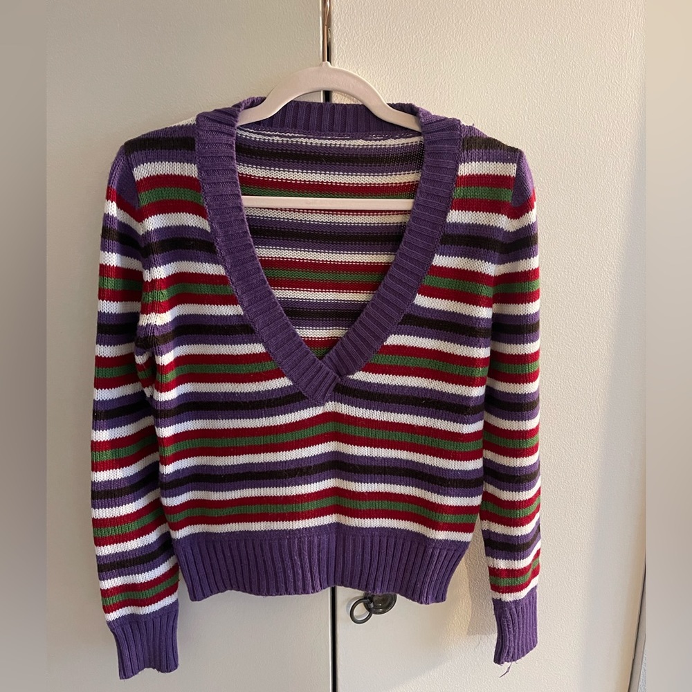 Color Block Knit Wool Blend V-Neck Sweater